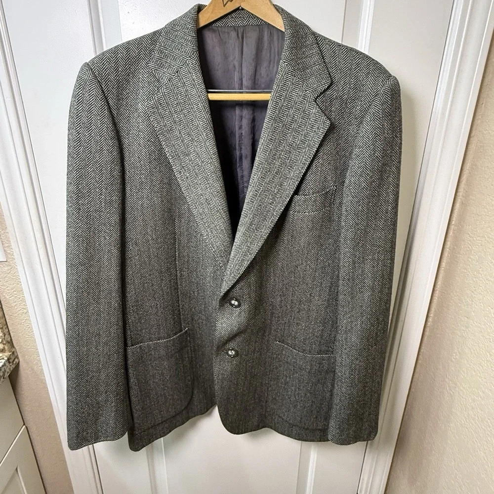Vintage Jay Briggs Marzotto Mens 56L Herringbone Wool Blazer Made Italy Gray 46L